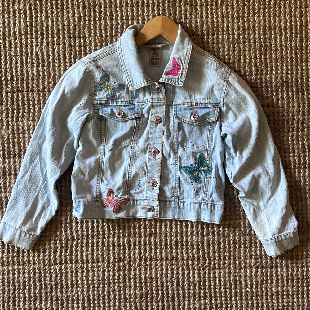 Girls Y2K Arizona Jean Co Cropped Denim Jacket Butterfly Embroidered Size S 7/8